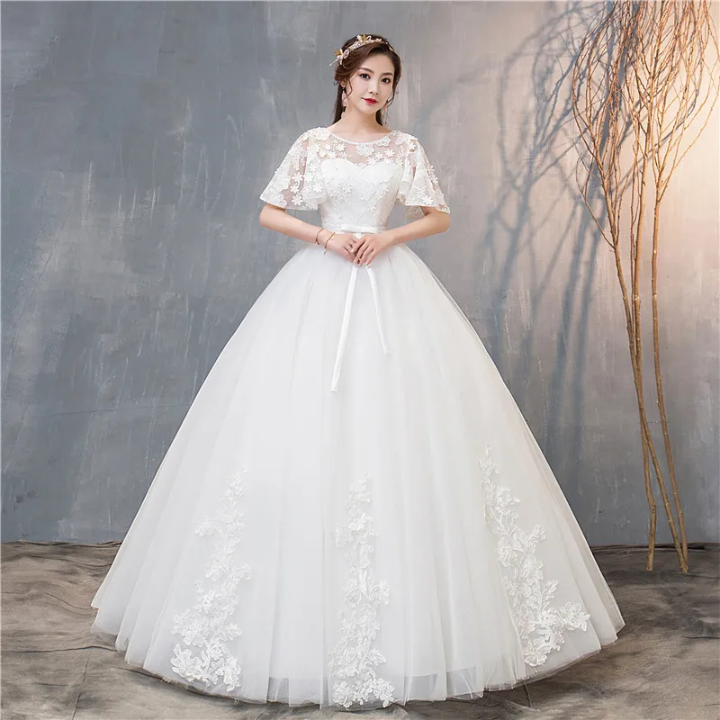 

2019 New Batwing Sleeve O Neck Wedding Dresses Classic Off White Flower Lace Up Custom Made Wedding Gown Robe De Mariee L