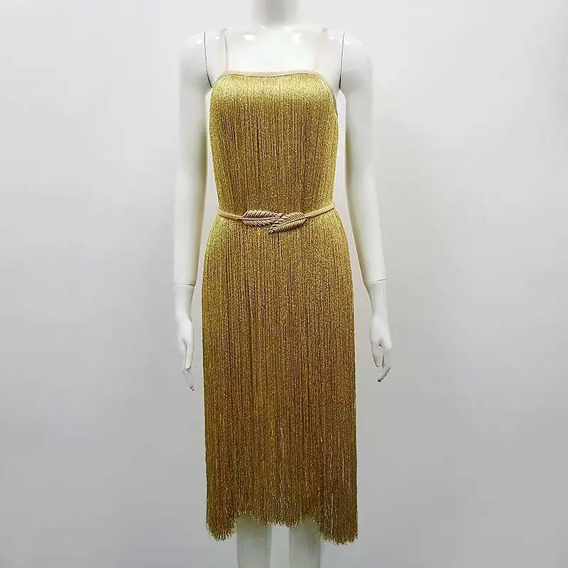 Модное женское элегантное Золотое Бандажное платье-миди летнее платье без рукавов с бахромой сексуальное Клубное вечерние обтягивающее платье vestidos - Цвет: Золотой