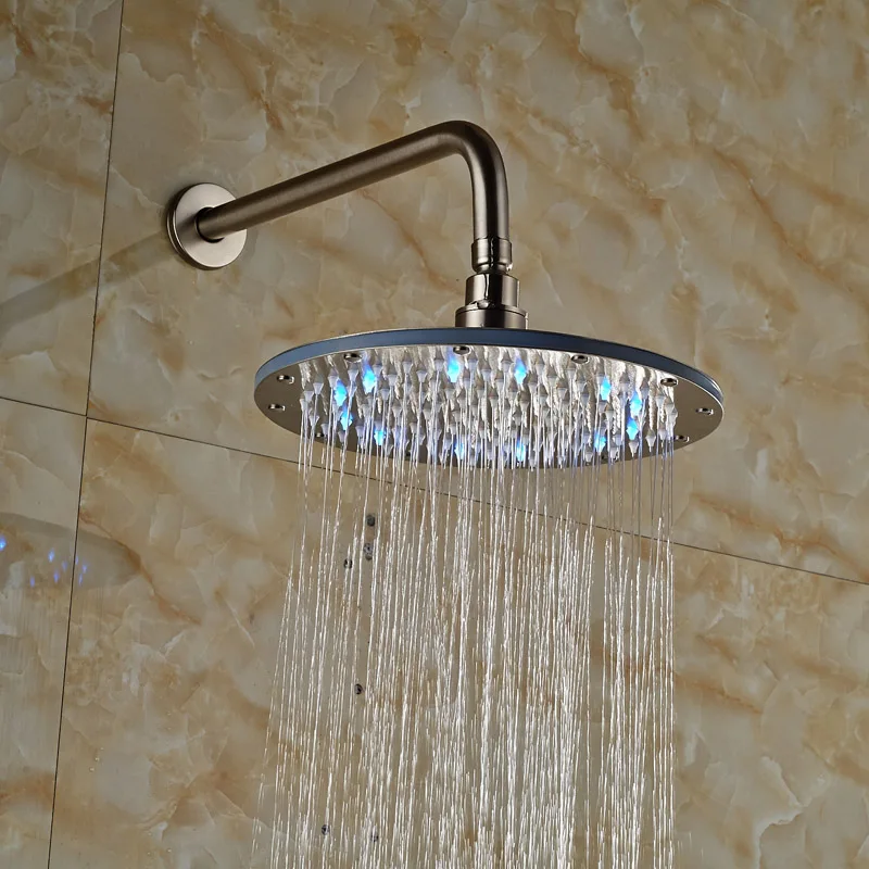 Brushed Nickel 10 Rainfall LED Light Shower Head Wall Mount Shower Arm Include