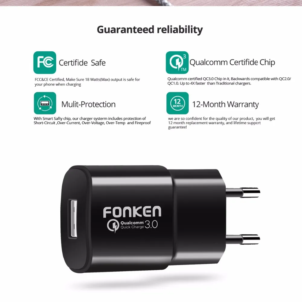 FONKEN 18 Вт USB зарядное устройство Quick Charge 3,0 быстрое зарядное устройство QC3.0 QC2.0 портативный настенный USB адаптер зарядка для мобильных телефонов зарядные устройства