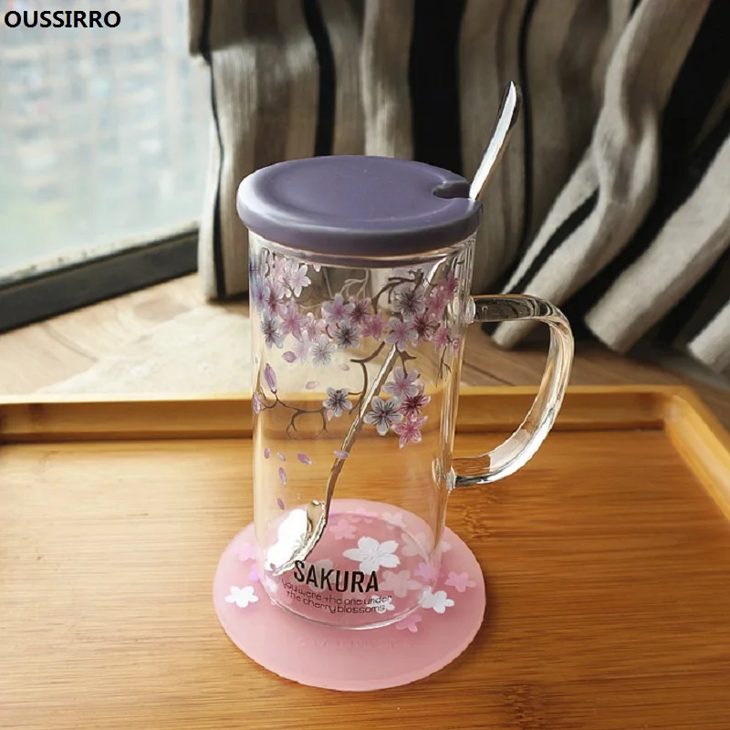 

OUSSIRRO Creative Sakura Glass Heat Resistant Mug With Lid With Spoon Milk Coffee Tea Cup Couples Wedding Lover Gifts