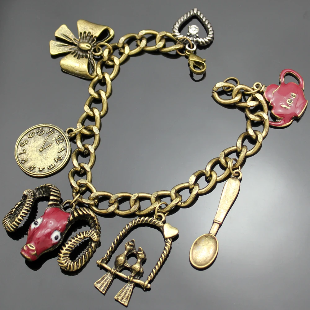 

Fairytale Vintage Gold Red Aries Ram Zodiac Tea Parrot Watch Link Chain Charm Viking Bangle Bracelet Jewelry bijoux Love