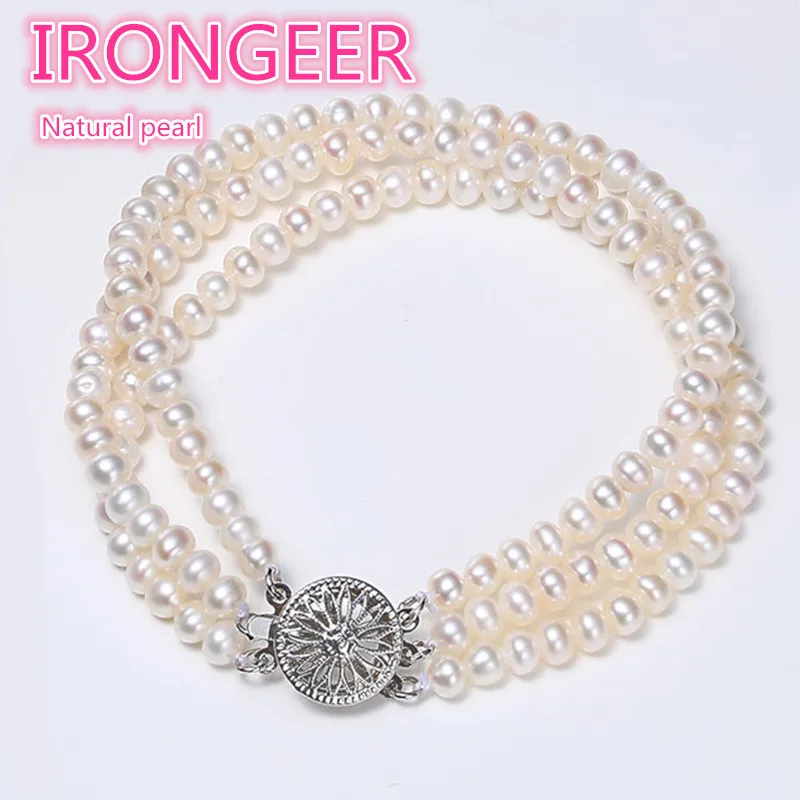 

Genuine Luxury three rows 100% 4-5mm Nearround Natural pearl Bracelet Fashion pearl jewelry For women Free shipping