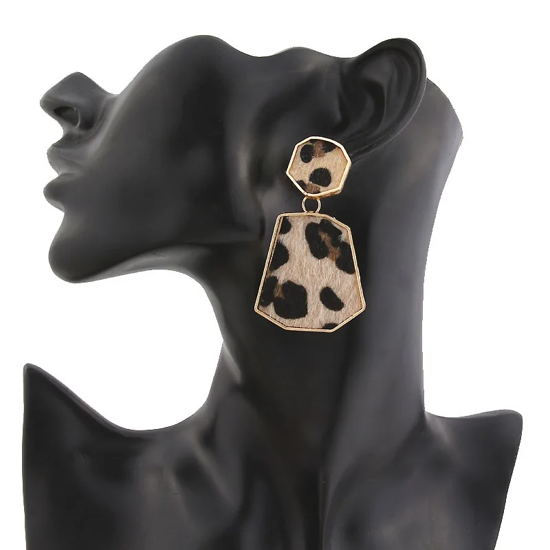 

Leopard Print Long Stud Earrings For Women Vintage Leather Round Square Gold Color Punk Big Earring Jewelry Dropshipping