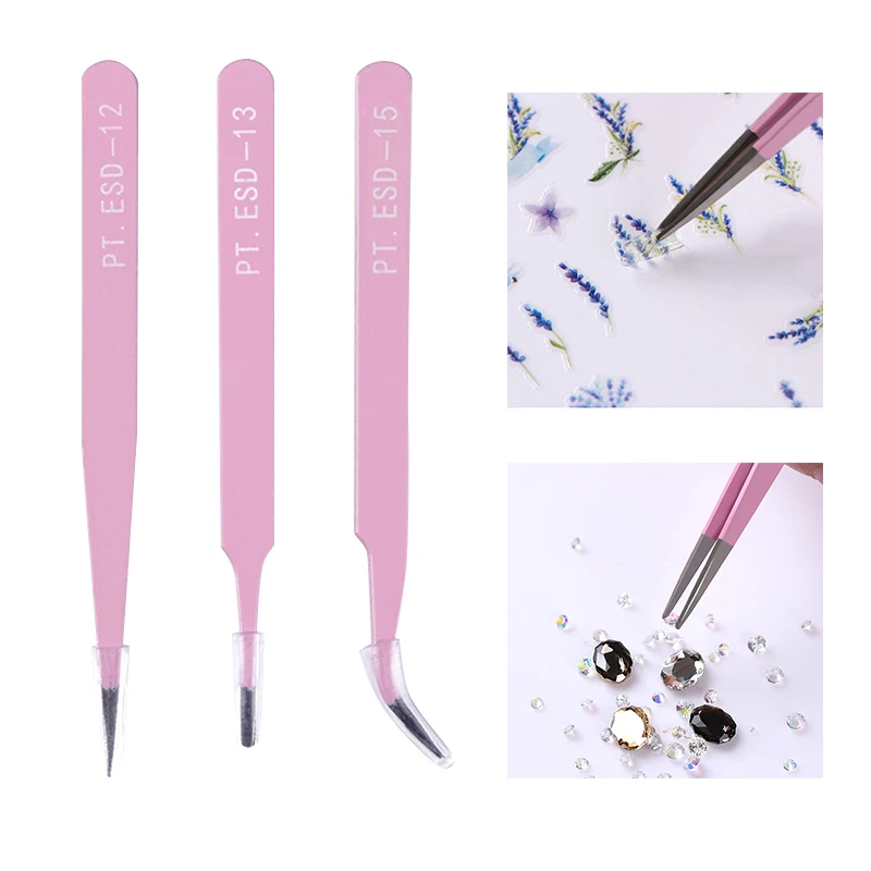 

1 Pc Tweezer Straight Curved Angle Head Rhinestone 3D Sticker Picker Stainless Steel 3 Patterns Pink Nail Art Tool Manicure