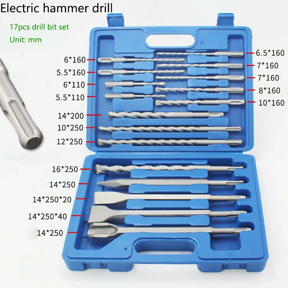 

17pcs Electric Hammer Drill Bit Set Sds chisel Plastic Box Shank Impact Rotary Concrete Masonry Drilling Grooving New