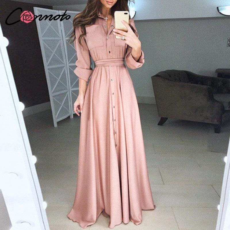 

Conmoto Solid Button Stand Neck Women Dress Shirt Elegant Chiffon Long Dress Casual Bow Belt Tie Spring Long Dresses Vestidos
