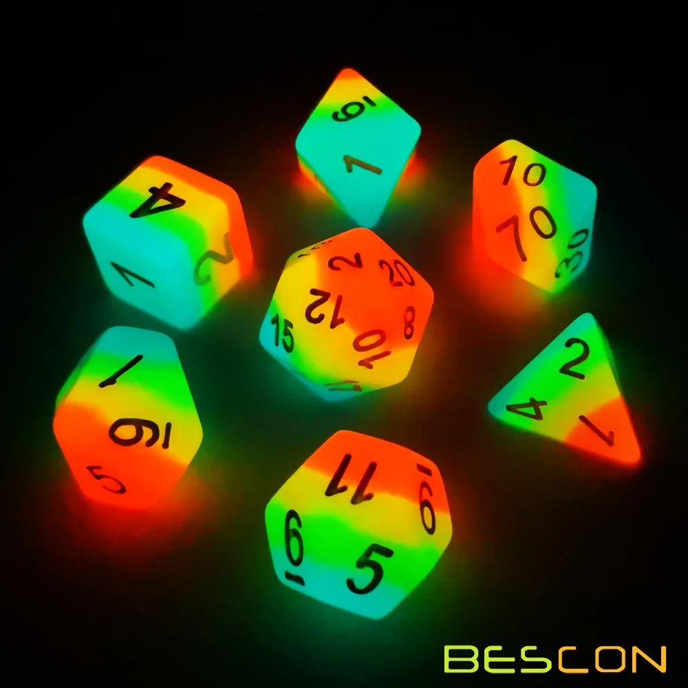 Bescon Fantasy Rainbow Glowing Polyhedral Dice 7pcs Set MIDNIGHT CANDY, Luminous RPG Dice Set Glow in Dark,Novelty DND Game Dice 3