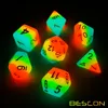 Bescon Fantasy Rainbow Glowing Polyhedral Dice 7pcs Set MIDNIGHT CANDY, Luminous RPG Dice Set Glow in Dark,Novelty DND Game Dice 3