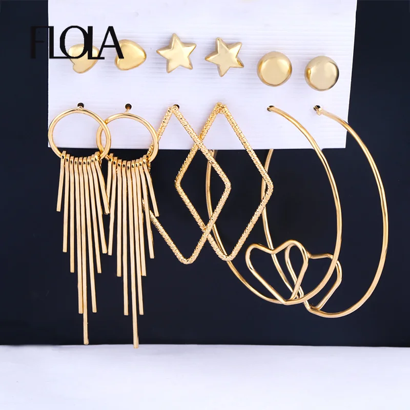 

FLOLA [6 Pairs] Vintage Gold Earrings Set For Girls Geometric Dangle Earring Set Mix Aretes Brincos Statement Jewelry ersq42