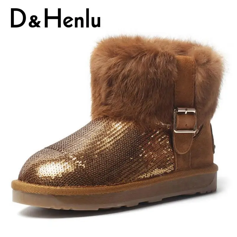 

{D&Henlu} Winter Shoes Woman Snowboots Suede Winter Boots Female Fur Ankle Boots Womens Shoes Leather Short Boot 2018 Sequined