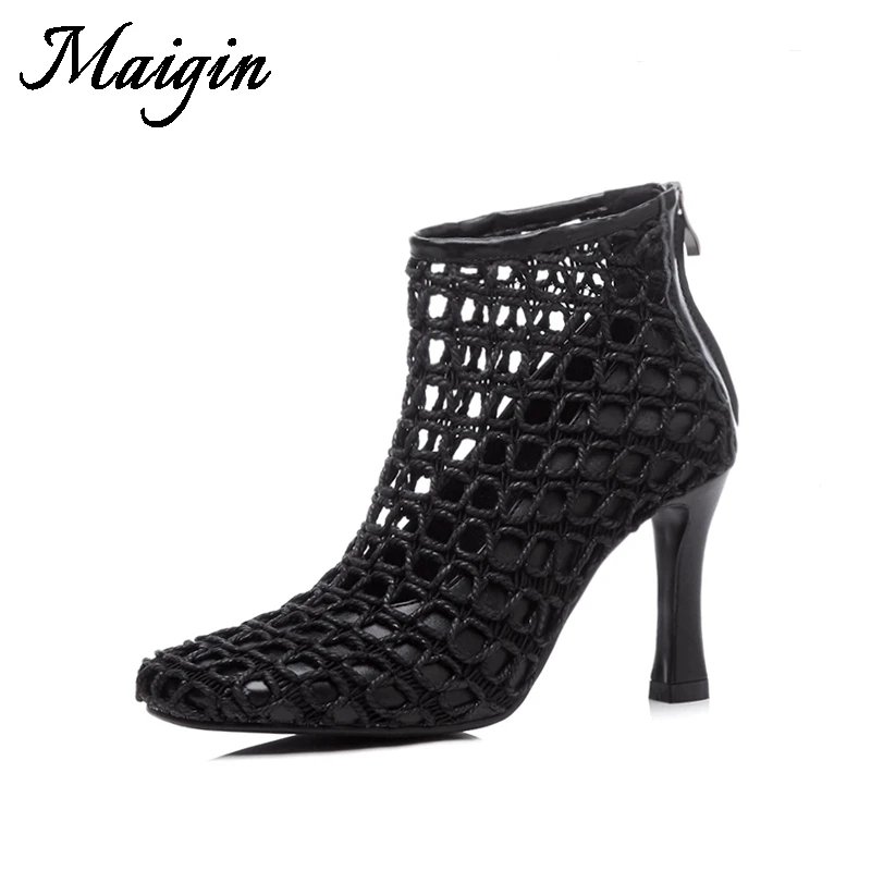 Maigin High Heels Summer Ankle Boots Women Pointed Toe Black Women Sandals 2018 Newest Genuine Leather Breathable Female Shoes