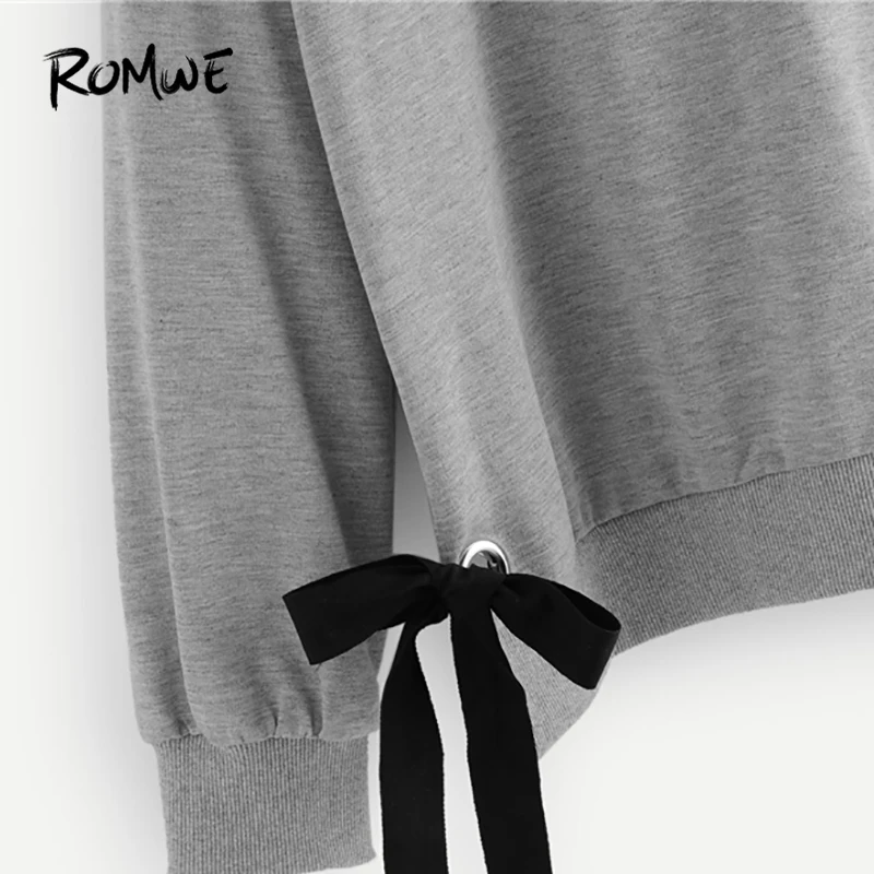  ROMWE Grey Criss Cross Drop Shoulder Knot Side Sweatshirt Women Casual Autumn Plain Clothing Tops S