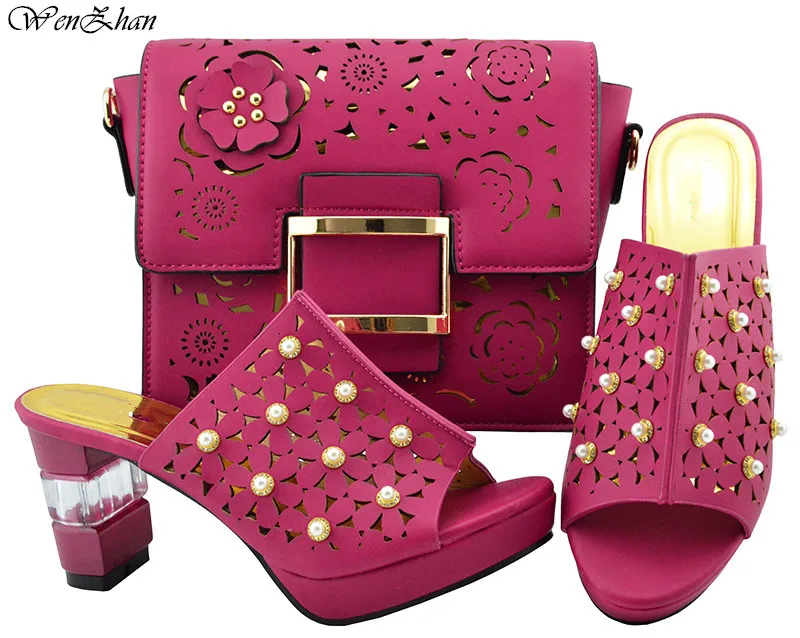 

Latest Fuchsia Soft Shoes And Bag Set Italian Summer High Heels Shoes And Bags Set For Women With Nice Pearls Hot Selling B87-13