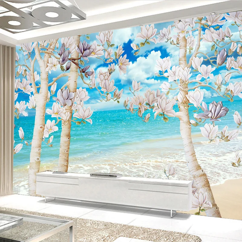 

Custom 3D Photo Wallpaper Big Mural Blue Sky White Clouds Sea Magnolia Tree Bedroom Living Room Sofa TV Decoration Wallpaper