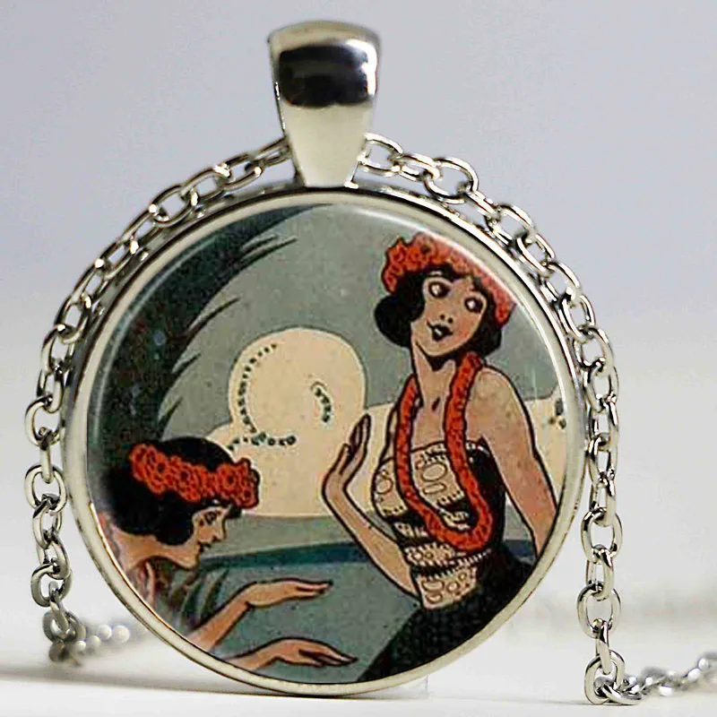 Free shipping Hawaii Necklace,Hawaii Jewelry Vintage Hula Girls Tropical Island Hawaiian Luau Art Pendant
