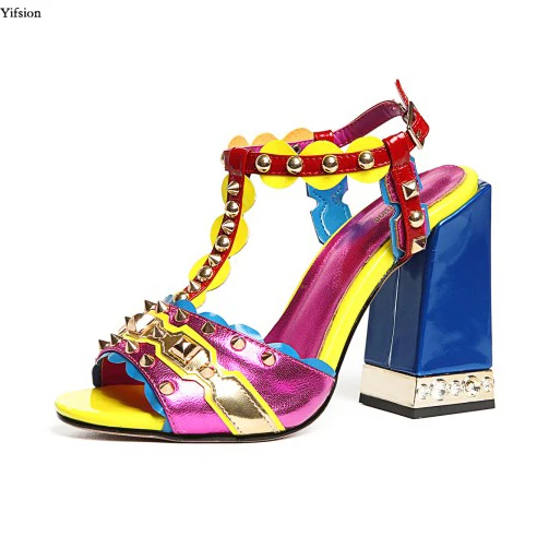 

Yifsion Women T-Strap Sandals Square High Heels Sandals Sexy Rivets Peep Toe Blue Purple Party Shoes Ladies US Plus Size 3-10.5