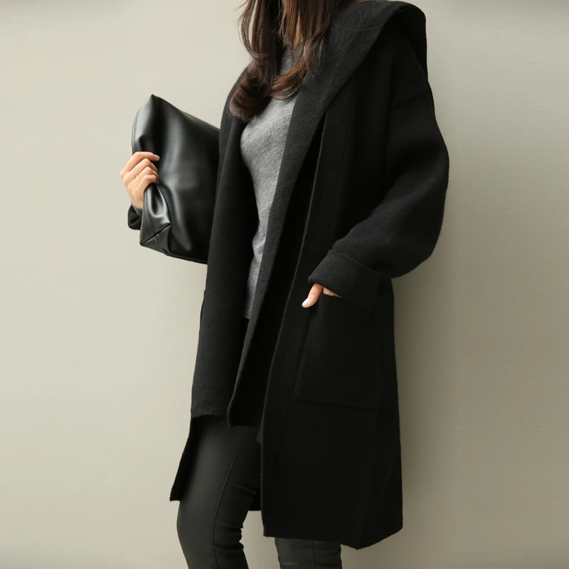 ^*Best Offers Poncho New Arrival Cardigan Women Pull Sweaters And 2018 Autumn Winter Sweater Woman Thicker Long Hooded Coat Loose Two Knit