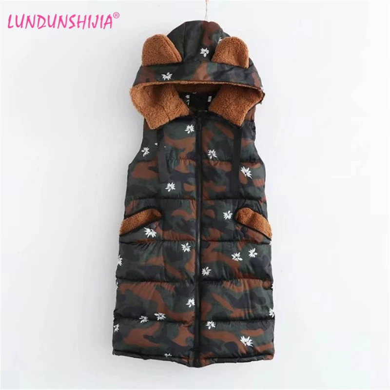 

LUNLUNSHIJIA Fashion Cat Ears Hooded Women Vest 2017 Winter Warm Slim Long Waistcoat Cotton Vest Coat Female Sleeveless Parkas