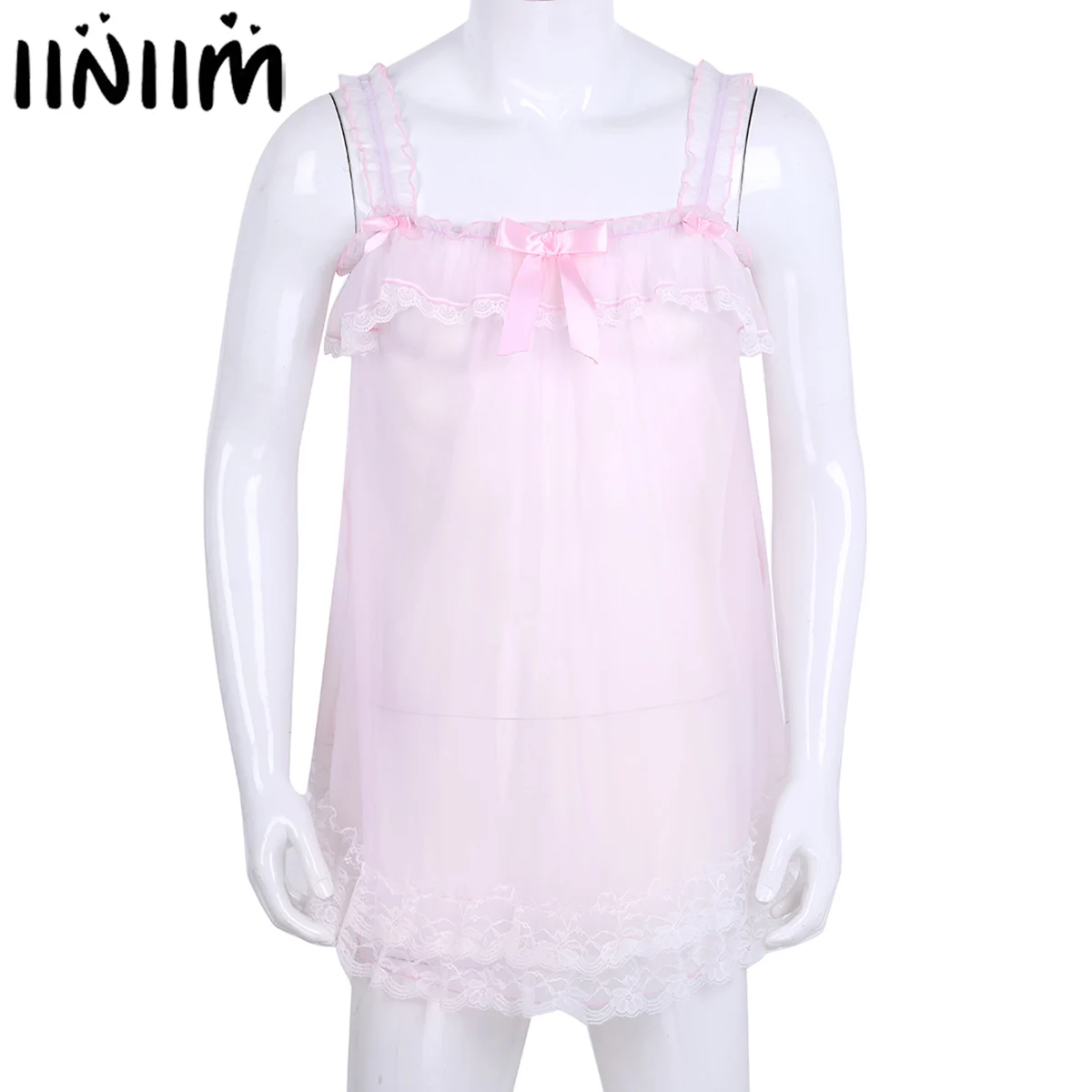

Mens Sissy Exotic Dresses See Through Sheer Dress Elastic Shoulder Straps Frilly Ruffled Lace Hem Novelty Clubwear Tulle Dress