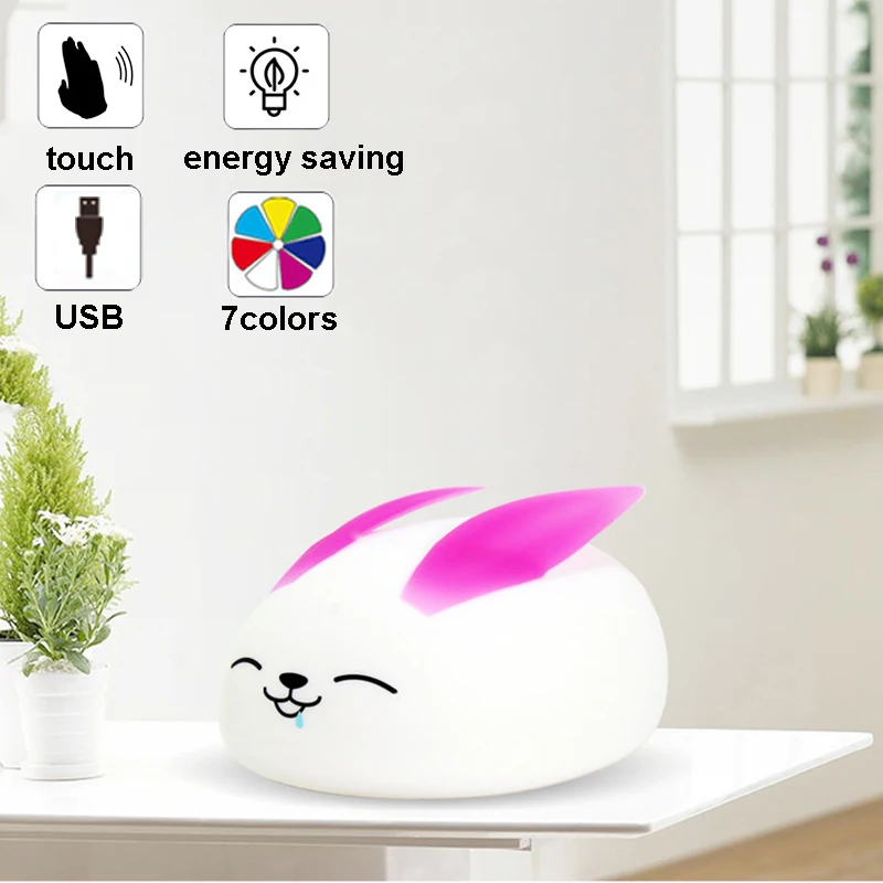 

7 Colors Changing Soft Silicone Rabbit Pat Night Light Baby Nursery Table Lamp Touch Sensor Tap Control Night Light for Kids