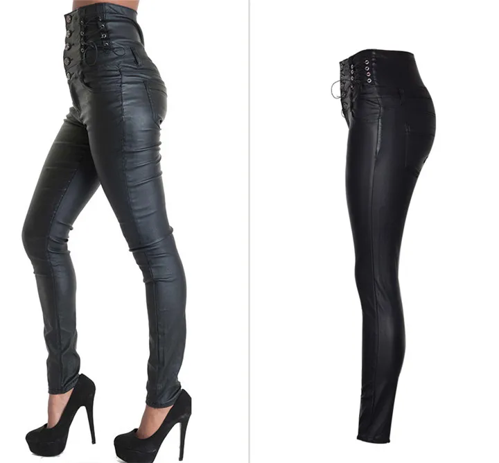 Europe and the United States women's ultra-high waist 5 grain buckle bilateral waist belt decorative coating imitation leather stretch denim feet pants PU (2)