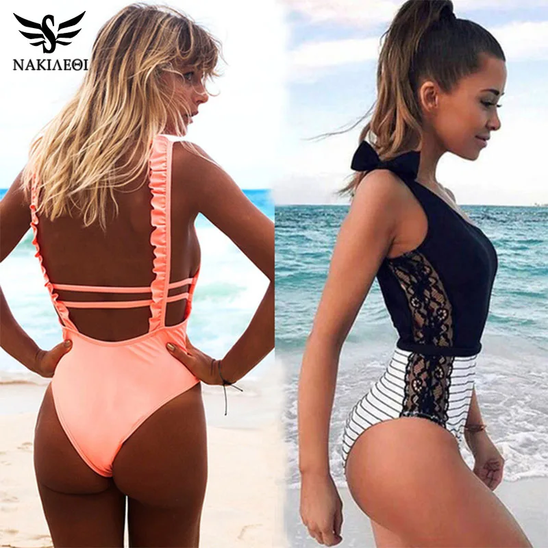 

NAKIAEOI Sexy One Piece Swimsuit Women 2019 Summer Beachwear Lace One Shoulder Swimwear Bathing Suits Bodysuit Monokini Swimsuit
