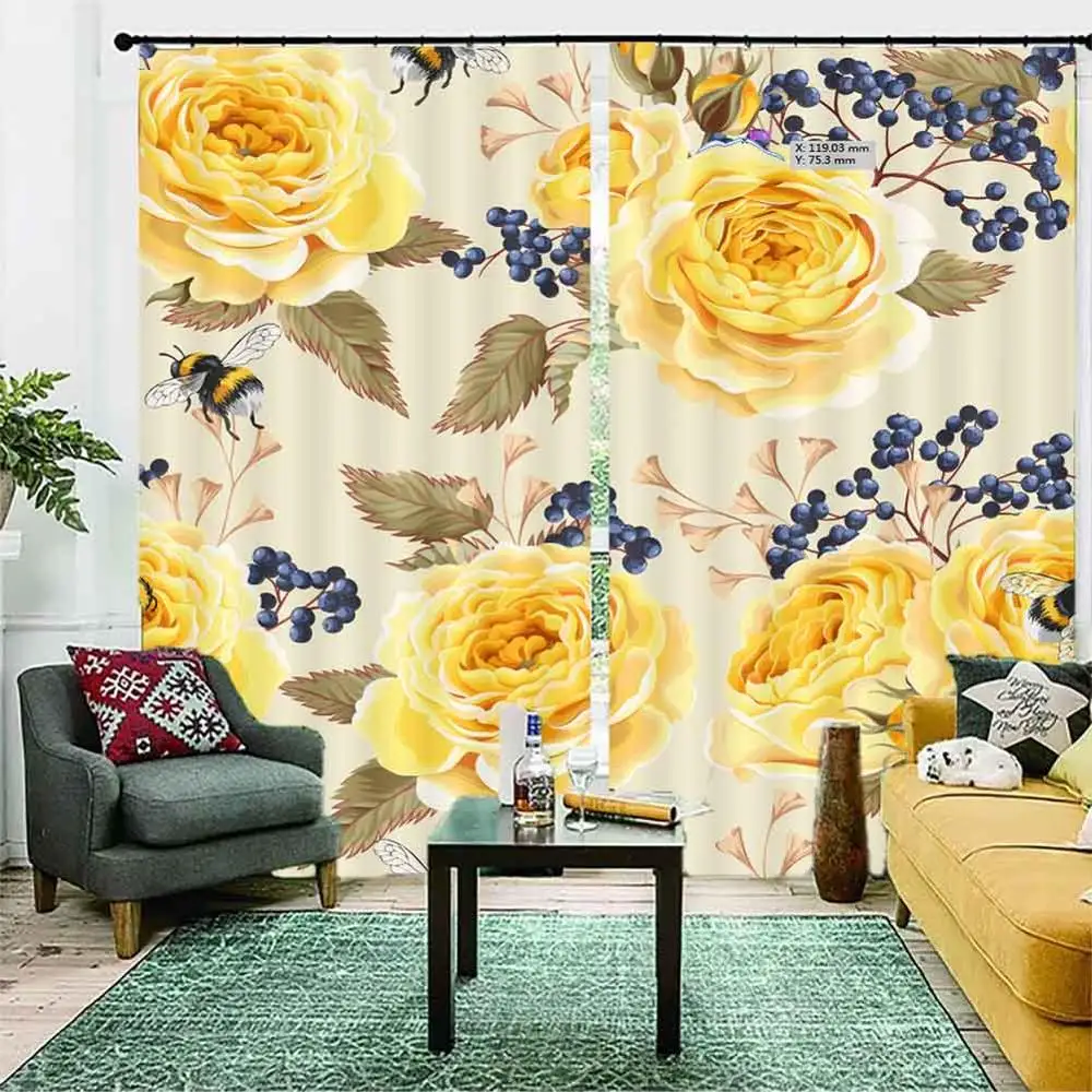

Factory direct sale Yellow rose print 3D Window Curtains Living Room bedroom Drapes Rideaux factory Customized size