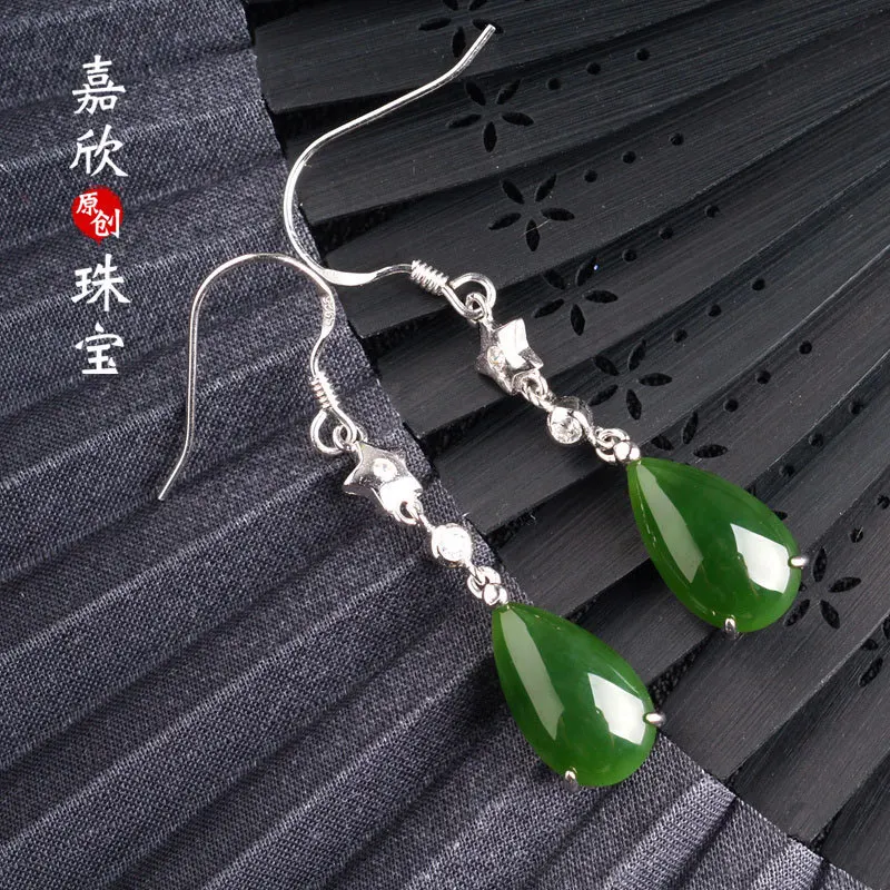 

2019 Real Water Drop Brinco Wholesale 925 Inlaid With Jade Ears Direct Manufacturers With Long Water Droplets Hetian