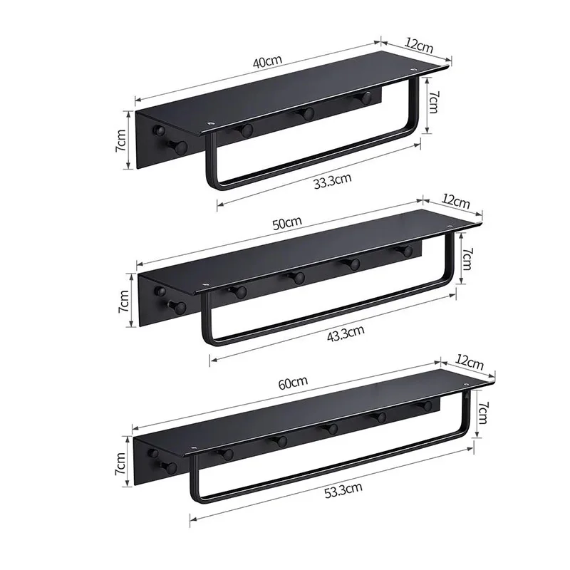 Алюминиевая Полка для ванной комнаты, черная полка для ванной комнаты с крючками, настенная угловая многофункциональная полка F