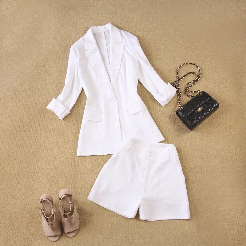2 piece set women Suit female 2021 summer new style linen breathable white office ladies OL uniform jacket + shorts suit two piece skirt and top