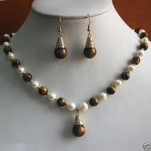

hot sell new - Jewelry 8mm Pearl/Tiger Eye Necklace Pendant +14mm Hook Earring Set