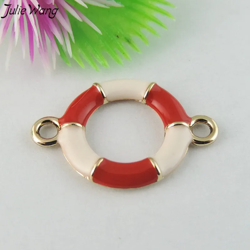 

Julie Wang 16PCS Red White Round Buoy Shape Enamel Alloy Mini Pendant Charms Two Holes Handmade Bracelet Bangle Jewelry Findings