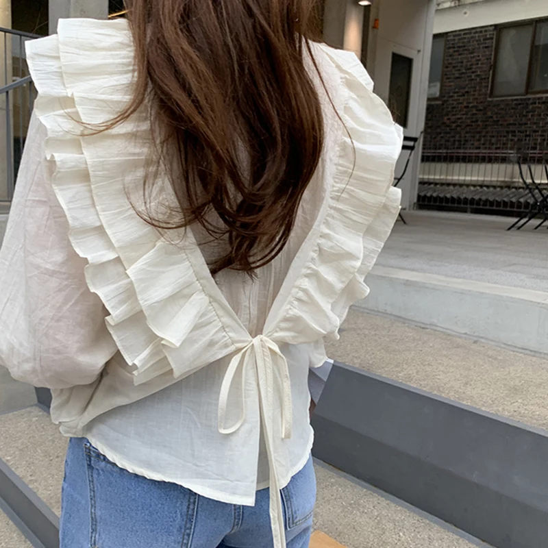 

Baby Doll Style Back Ruffles Layers Tie Top Women Shirt Kawaii Blouse Spring Chemise Femme Chemisier Blusa Mujer Camisa