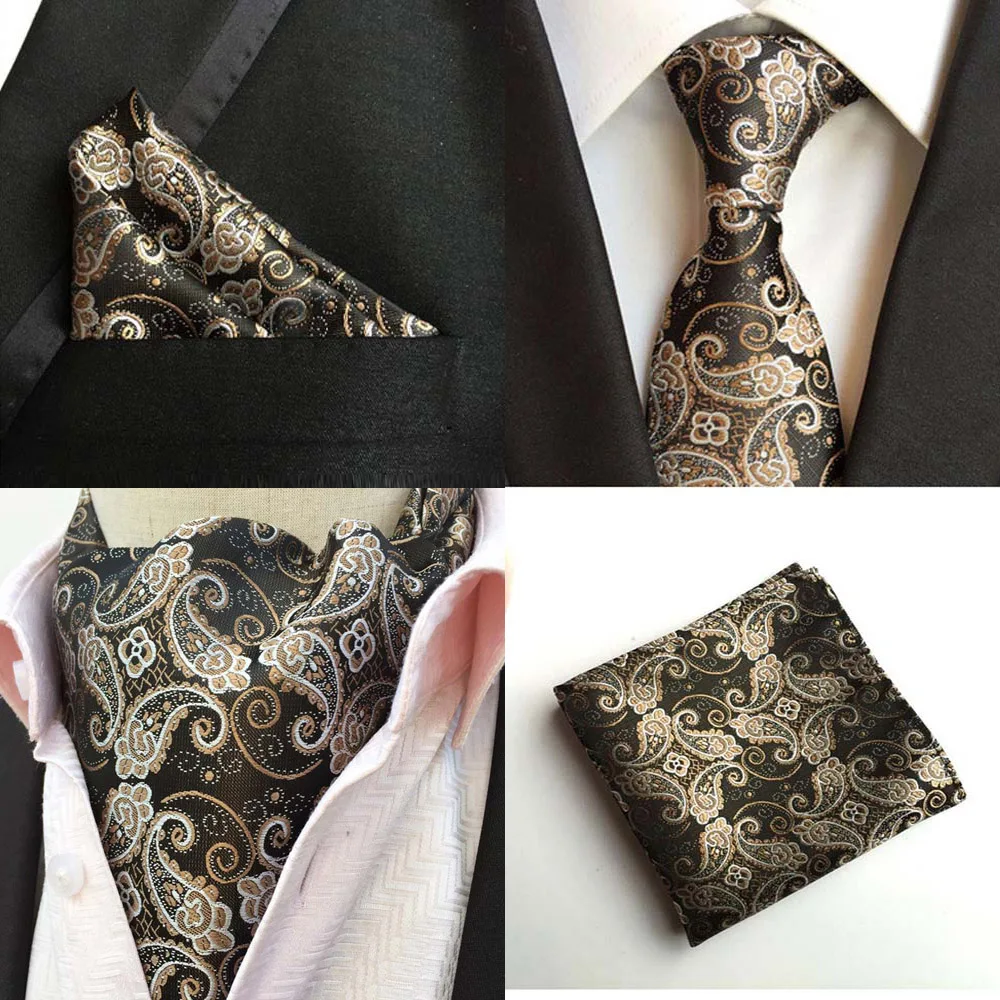 Мужской галстук с цветочным принтом пейсли, черный Шелковый галстук, аскотский галстук, карманный квадратный набор, лот HZTIE0257
