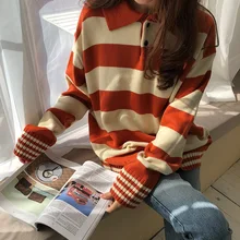 Зимний корейский свитер ulzzang модный Свободный Повседневный полосатый вязаный свитер шикарный Harajuku большой размер женский свитер ins