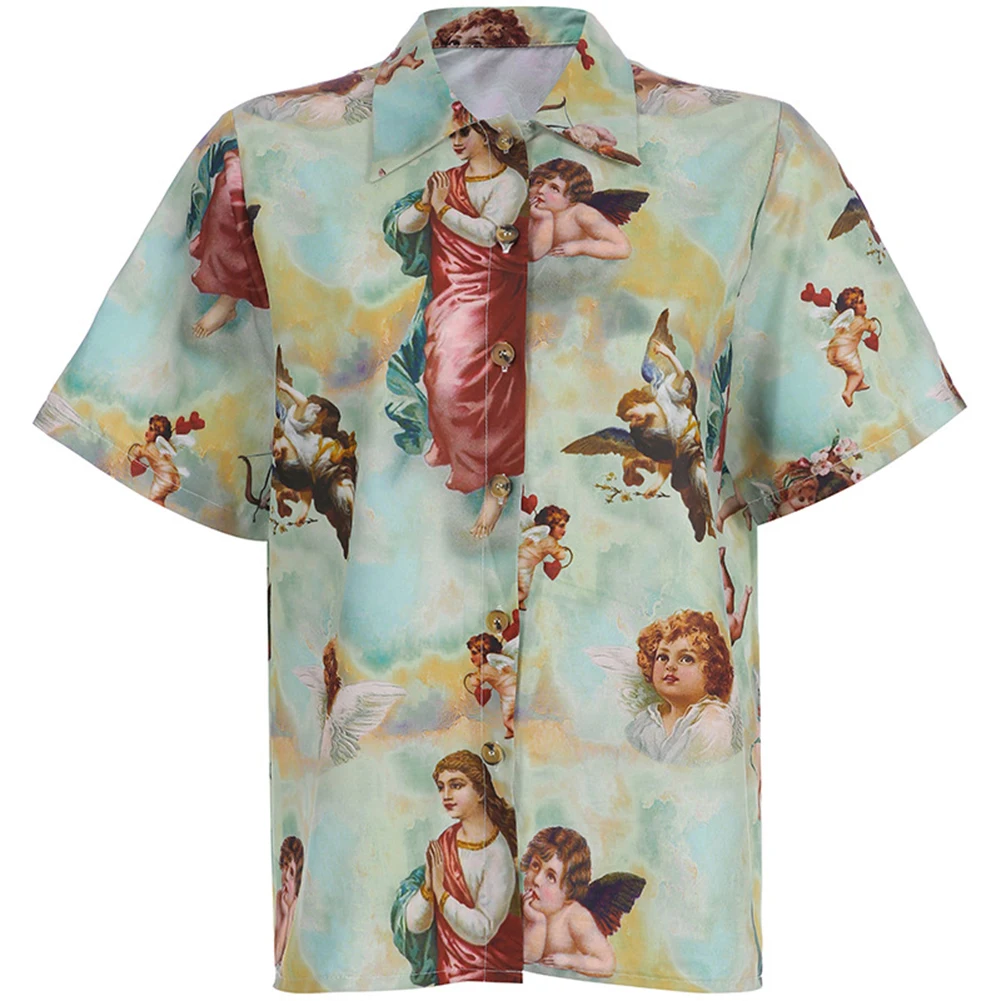 

2019 Summer Print Short Sleeve Cartoon Women Button Down Blouse Vintage Angel Print Short Sleeve Summer Top