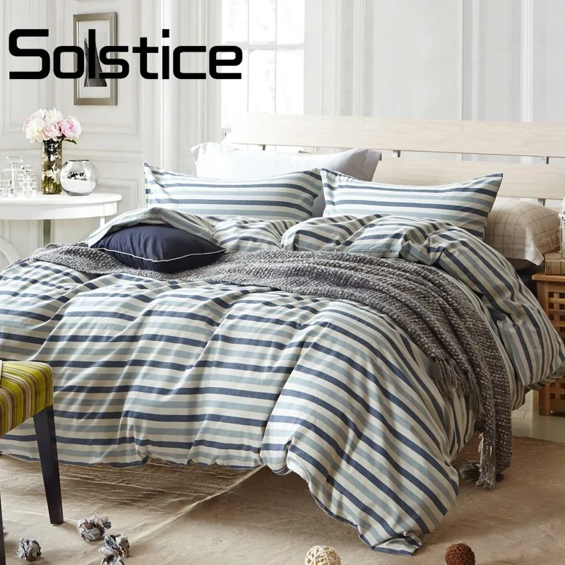 

Solstice Home 2018 Washable Cotton Flannel Blue Stripe Duvet Cover Bedcover Plaid Bedding Set (duvet Cover+sheet+pillowcase)