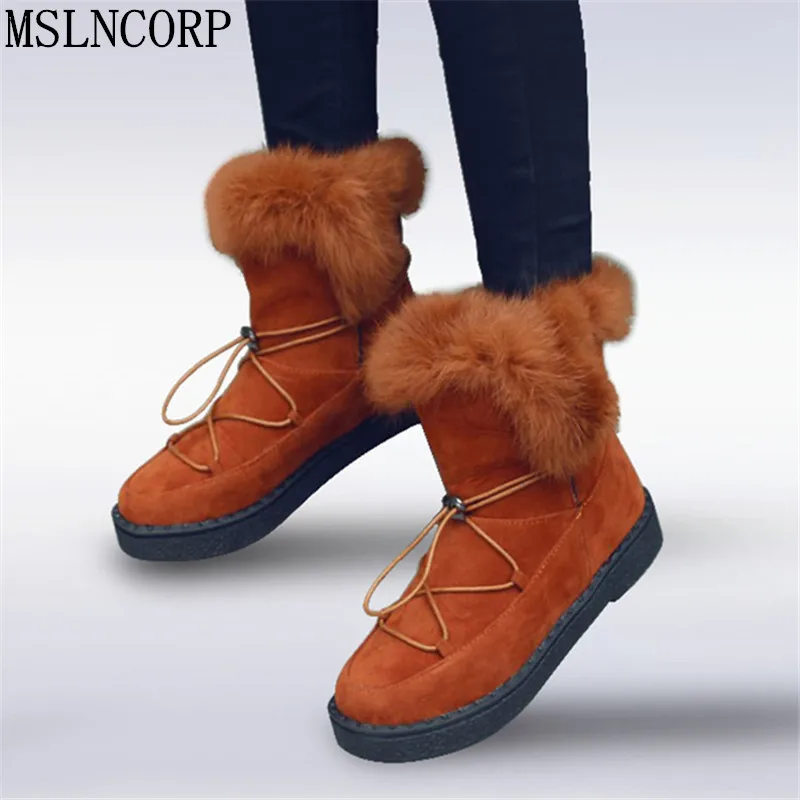 

Plus Size 34-45 New Roman Snow Boots Women Real Rabbit Fur Warm Plush Winter Ankle Boots Woman Lace Up platform cotton Shoes