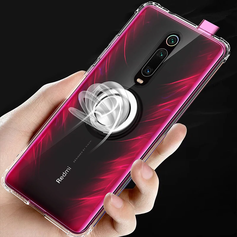 

For Xiaomi Redmi Note 7 K20 Pro Case Crystal Clear TPU Silicon Metal Ring Holder Cover Coque For Xiaomi Mi 9 9T Shockproof Cases