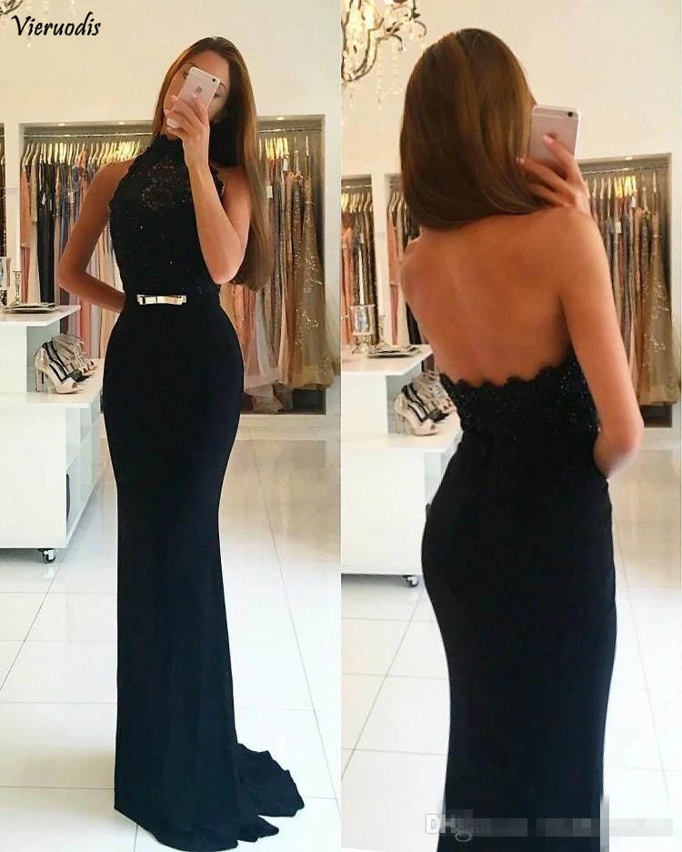 

2019 Black Charming Prom Dresses High Neck Backless Sleeveless Slim Lace Pattern Party Evening Dresses Prom Gowns