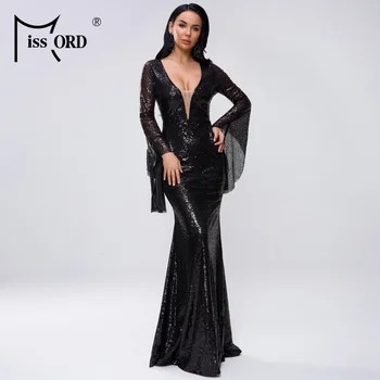 

Missord 2020 Women Sexy Deep V Long Flare Sleeve Sequin Female Solid Maxi Elegant Party Dress Vestdios FT18731-3