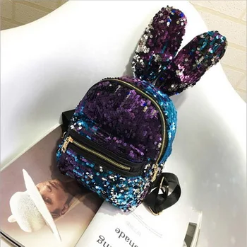 

by dhl or ems 20pcs Mini Sequins Backpack Cute Rabbit Ears Shoulder Bag For Women Girls Travel Bag Bling Shiny Backpack