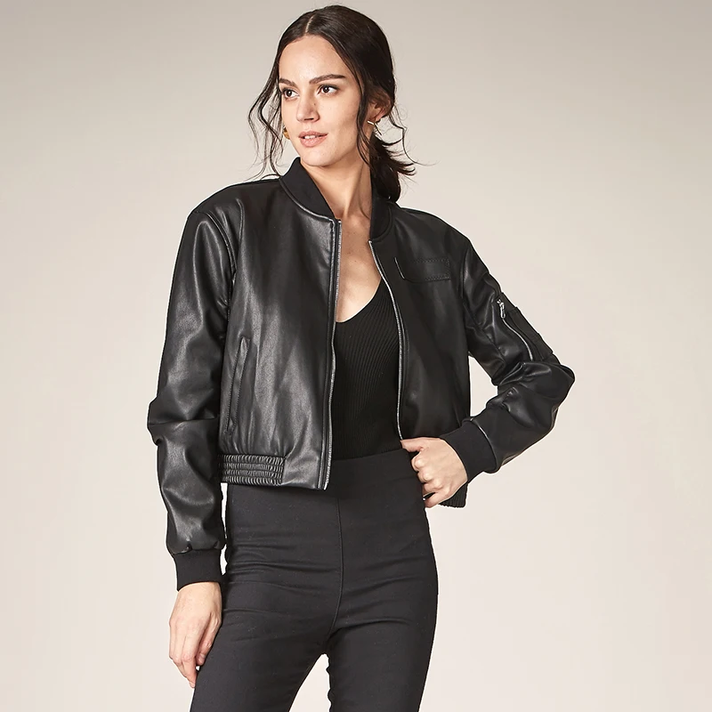 Женская куртка из искусственной кожи на молнии с длинным рукавом|jacket women casual|fashion