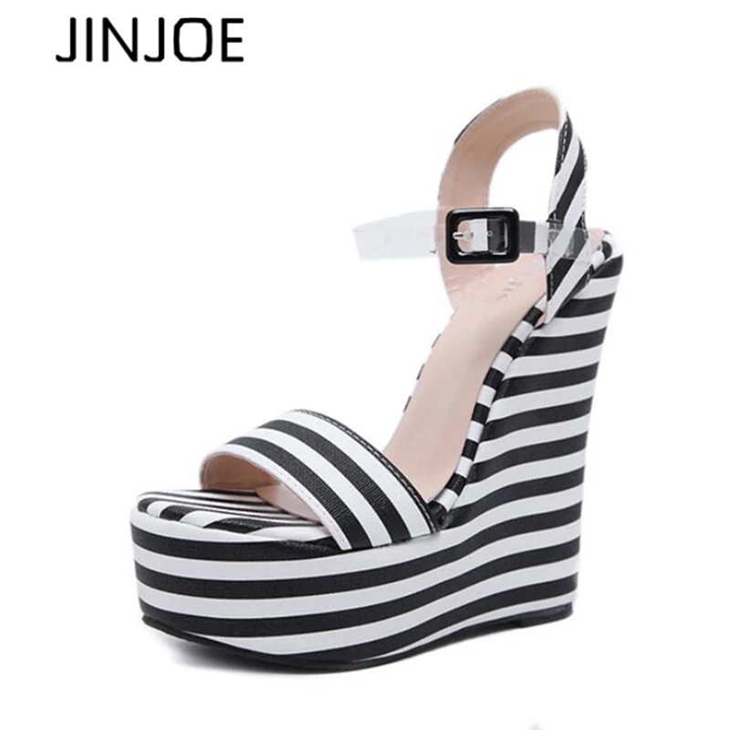 

JINJOE shoes Women PVC Clear Ankle Strap High Heels Basic Platform Wedge Shoes Woman Zebra Stripe Color Striped Sandals Hot