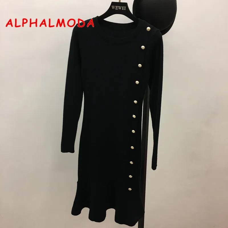 

ALPHALMODA Autumn Dress Celebrity Style Single Breasted Buttons Decor Long-sleeved Women Pullovers Knitting Mermaid Dress