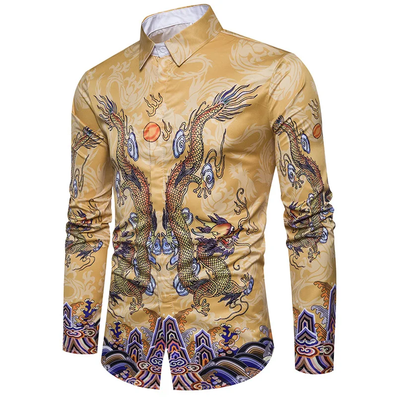 Китайский дракон печатных Для мужчин рубашка Slim Fit с длинным рукавом Chemise Homme Повседневная рубашка на пуговицах Для мужчин китайский