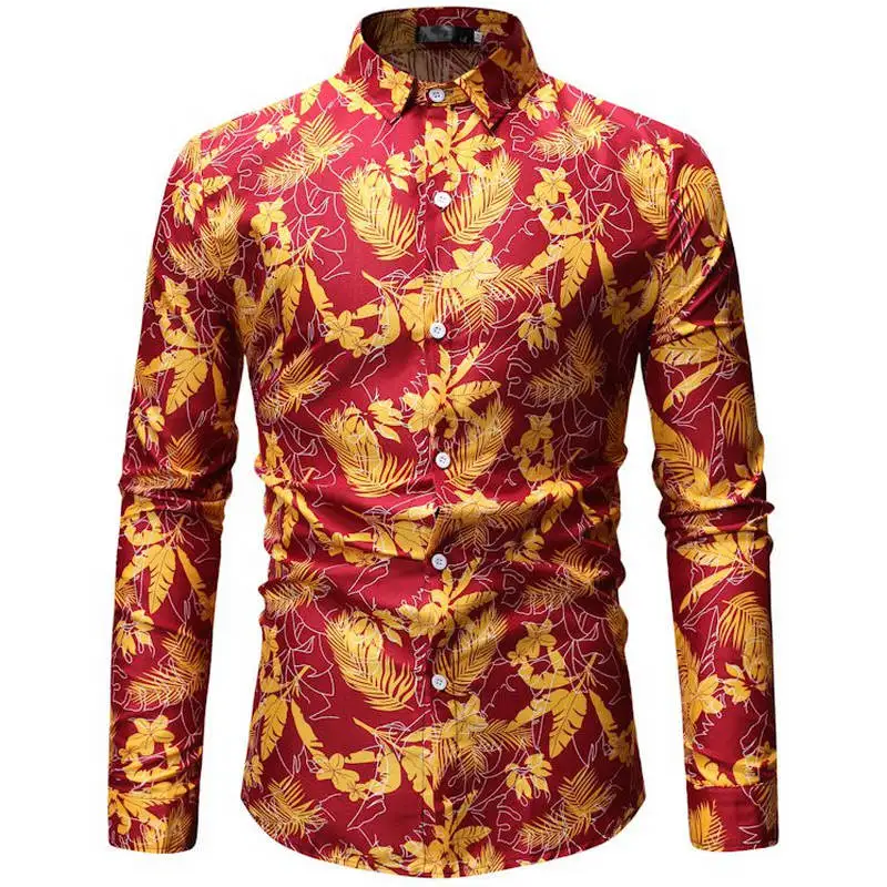 Новинка, весенне-летние мужские рубашки с цветочным принтом, приталенные мужские рубашки с этническими цветами и длинным рукавом, повседневные Модные мужские топы - Цвет: ML25 red