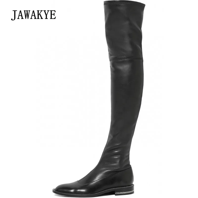 

2018 Newest Fashion Over The Knee Boots Woman Round Toe Silver Chain Flat Long Boots Women Fashion Thigh Boots