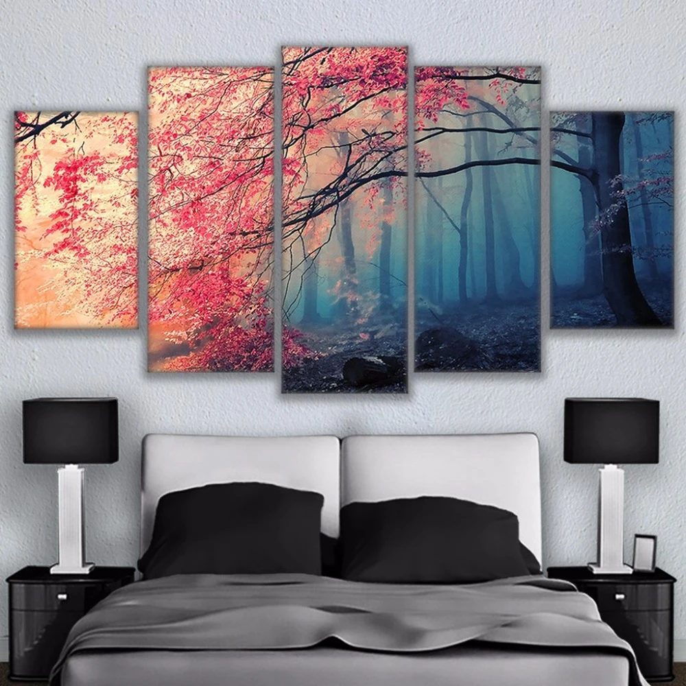 Cherry Blossom Tree in Forest 5 Pcs Canvas Wall Artwork Home Decorating Poster